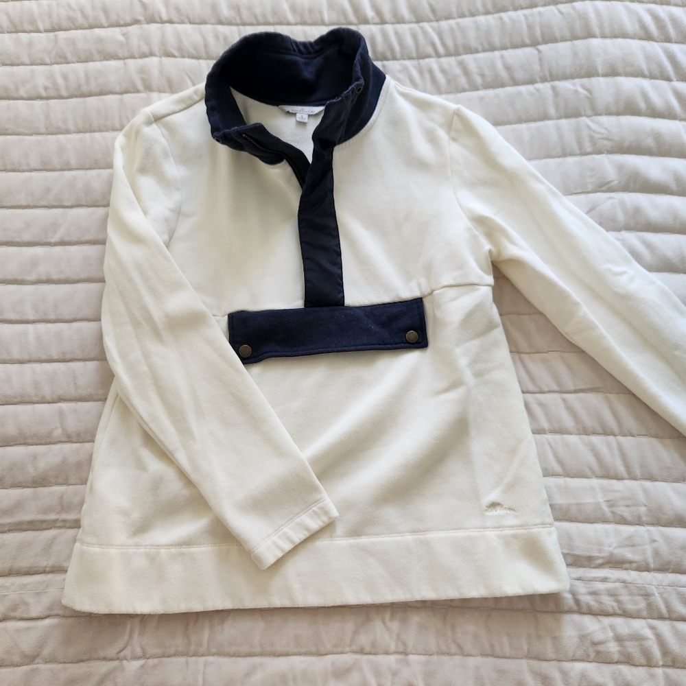 L.L. Bean Signature Anorak Sweatshirt Organic Cotton Cream/Navy Women Size S